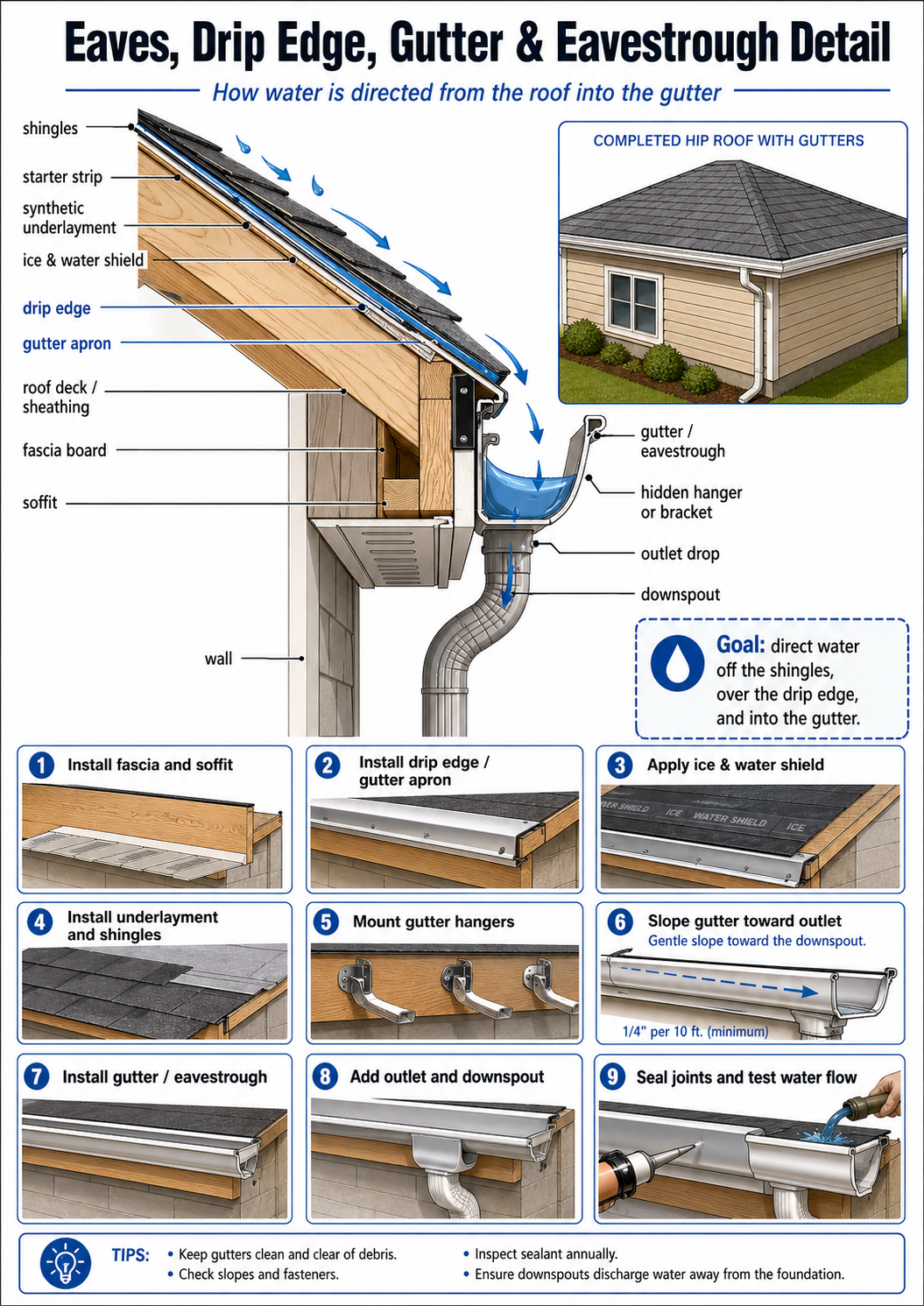 Eaves, drip edge, gutter and eavestrough detail showing how water is directed from the roof into the gutter and downspout