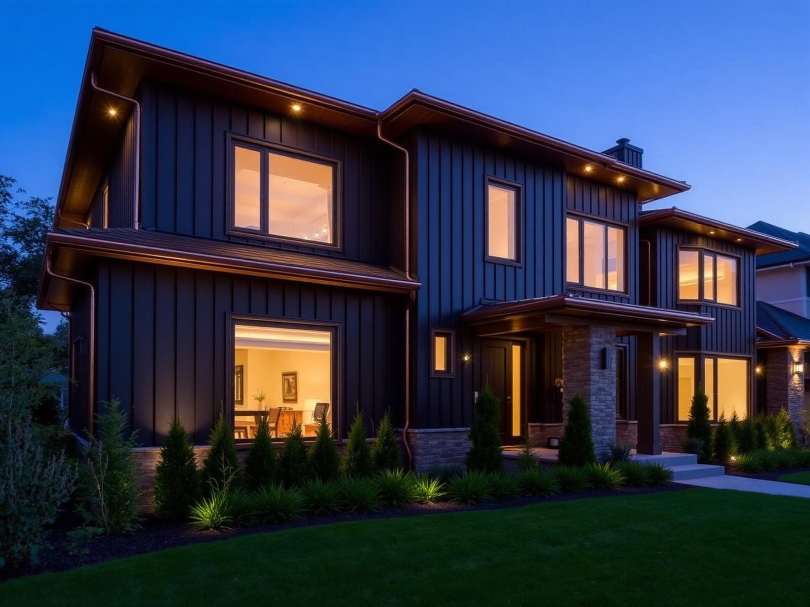 Modern home with dark siding and copper accents